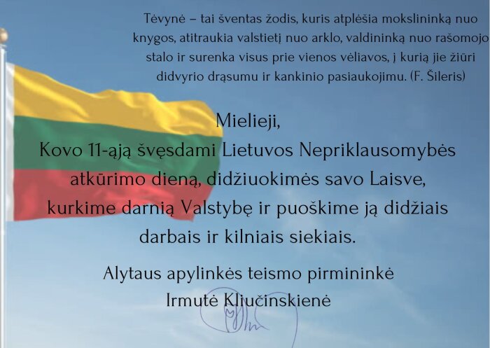 Alytaus apylinkės teismo pirmininkės sveikinimas Lietuvos Nepriklausomybės atkūrimo dienos proga